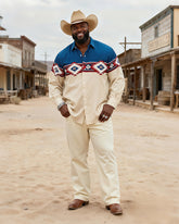 Big & Tall Men's Vintage Navajo Pattern Patchwork Printed Long Sleeve Shirt Pants Set