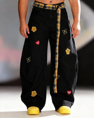 Big & Tall Men's Cartoon Embroidered Loose Jeans With Plaid Belt S-3XL