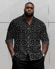 Big & Tall Men's Business Black Geometric Print Long Sleeve Shirt Shorts Set