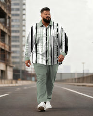 Big & Tall Men's Business Green Striped Print Long Sleeve Shirt Pants Set