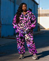 Women's Plus Size Rose Graffiti Print Cardigan Hoodie Set
