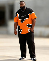 Big & Tall Men's Black And Orange Contrast King Wavy Print T-Shirt Pants Set