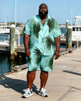 Big & Tall Men's Light Green Bottom Pukui Leaf Printed Short Sleeve Shirt And Shorts Set