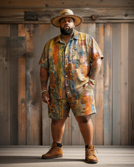 Big & Tall Men's Artistic Splatter Plant Print Short-Sleeve Shirt And Shorts Set