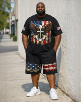 Big & Tall Men's American Flag Cross Eagle Print Crewneck Short Sleeve T-Shirt Shorts Set