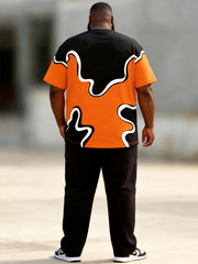 Big & Tall Men's Black And Orange Contrast King Wavy Print T-Shirt Pants Set