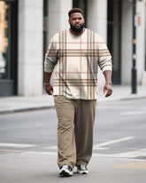 Big & Tall Men's Khakis Classic Plaid Print Long Sleeve T-Shirt Pants Set