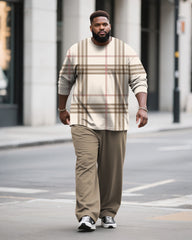 Big & Tall Men's Khakis Classic Plaid Print Long Sleeve T-Shirt Pants Set