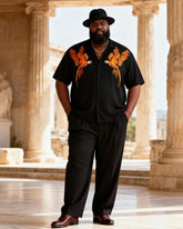 Big & Tall Men's Black Gold Double Parrot Print Short Sleeve Shirt Pants Set