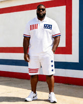 Big & Tall Men's American Flag Element Colorblock Print POLO Short Sleeve Shorts Set