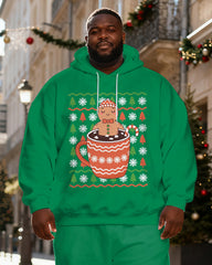 Big & Tall Men's Green Gingerbread Man Hot Cocoa Print Hoodie Set