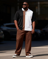 Big & Tall Men's Black And White Brown Stitching Printed Zipper Polo Short Sleeve Trousers Set