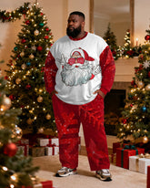 Big & Tall Men's Santa Claus Cartoon Graffiti Print Long Sleeve T-Shirt Pants Set
