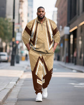 Big & Tall Men's Yellow Brown Geometric Print POLO Collar Zipper Long Sleeve Pants Two-Piece Set
