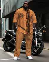 Big & Tall Men's Warm Brown Africa Map Totem Print Long Sleeve Shirt Pants Set