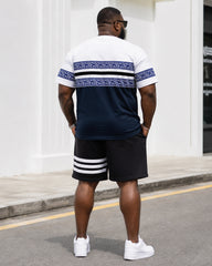 Big & Tall Men's Navy Blue And White Contrast Striped Printed Crew Neck Short Sleeve T-shirt Shorts Set