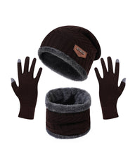 Winter Warm Thick Hat Scarf Solid Color Touch Screen Gloves Three-piece Set