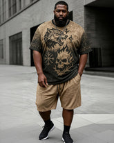 Big & Tall Men's Viking Wolf Head Flame Rune Printed Crewneck Short Sleeve T-Shirt Shorts Set