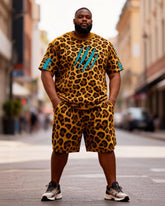 Big & Tall Men's Leopard Print Short Paw Print Round Neck Short Sleeve T-Shirt Shorts Set