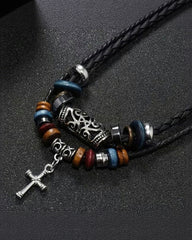 Vintage Cross Feather Double Beaded Turquoise Beaded Necklace