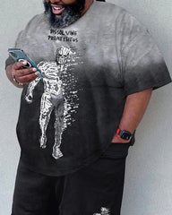 Big & Tall Men's Gray-black Gradient Skull Print Round Neck Short Sleeve T-shirt Shorts Set
