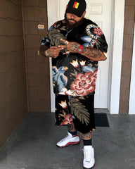 Big & Tall Men's Light Bottom Flower And Bird Holiday Style Printed Crewneck Short Sleeve T-shirt Shorts Set