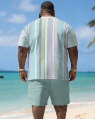 Big Men Hawaiian Striped Coconut Tree Print T-Shirt Shorts Set