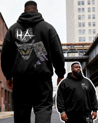 Big & Tall Men's Black Ha Skull Letter Graffiti Print Hoodie Set
