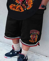 Big & Tall Men's Black Flame Letter Print Round Neck Short Sleeve T-Shirt Shorts Set
