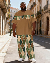 Big & Tall Men's Retro Brown Green Rhomboid Printed T-Shirt Pants Set