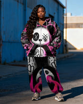 Women's Plus Size Rose Graffiti Bear Print Cardigan Hoodie Set
