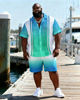 Big & Tall Men's Blue And White Gradient Striped Printed Short Sleeve Shirt Shorts Set