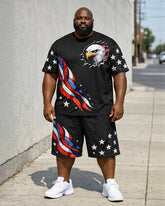 Big & Tall Men's American Flag Eagle Star Print Round Neck Short Sleeve T-Shirt Shorts Set