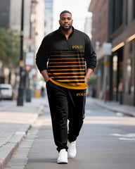 Big & Tall Men's Black And Yellow Striped Letter Printed POLO Collar Zipper Long Sleeve Pants Two-Piece Set
