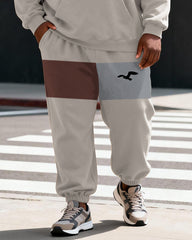 Big & Tall Men's Brown Grey Contrast Seagull Print Hoodie Set