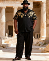 Big & Tall Men's Black Gold Double Lion Flame Print Short Sleeve Shirt Pants Set