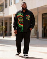 Big & Tall Men's Red, Yellow And Green Swirl Tie-dye Stitching Printed Long Sleeve Shirt And Trousers Set