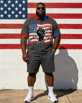 Big & Tall Men's American Flag Break Off Chain Fist Print POLO Short Sleeve Shorts Set