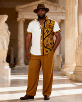 Big & Tall Men's Batik Stitching Printed Short Sleeve Shirt Trousers Suit