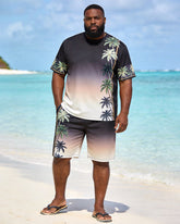 Big & Tall Men's Black Coconut Tree Gradient Print Crewneck Short Sleeve T-Shirt Shorts Set