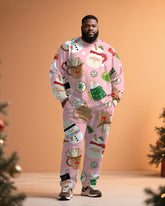 Big & Tall Men's Christmas Pink Cartoon Graffiti Print Long Sleeve T-Shirt Pants Set