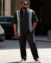 Big & Tall Men's Black And Grey Contrast Stripe Printed Zipper Polo Short Sleeve Pants Set