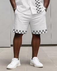 Big & Tall Men's Business Plaid Striped Print Long Sleeve Shirt Shorts Set