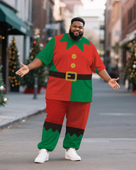 Big & Tall Men's Christmas Elf Cosplay Printed T-Shirt Trousers Suit