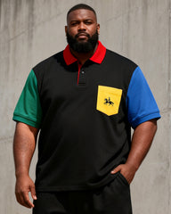 Big & Tall Men’s Black-Base Color-Block Printed Pocket Polo Short-Sleeve Shorts Set