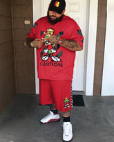 Big & Tall Men's Red Cartoon Character Letter Print Round Neck Short Sleeve T-Shirt Shorts Set