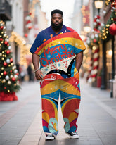 Big & Tall Men's Merry Christmas Colorblock Alphabet Print Short Sleeve Shirt Trousers Suit