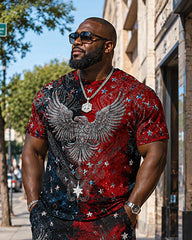 Big & Tall Men’s Red And Black Gradient American Flag Eagle Print Crew Neck Short-Sleeve T-Shirt And Shorts Set