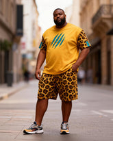 Big & Tall Men's Yellow Leopard Stitching Printed Crew Neck Short Sleeve T-shirt Shorts Set