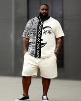 Big & Tall Men’s Patchwork Abstract Face Ethnic-Style Printed Crewneck Short-Sleeve T-Shirt And Shorts Set